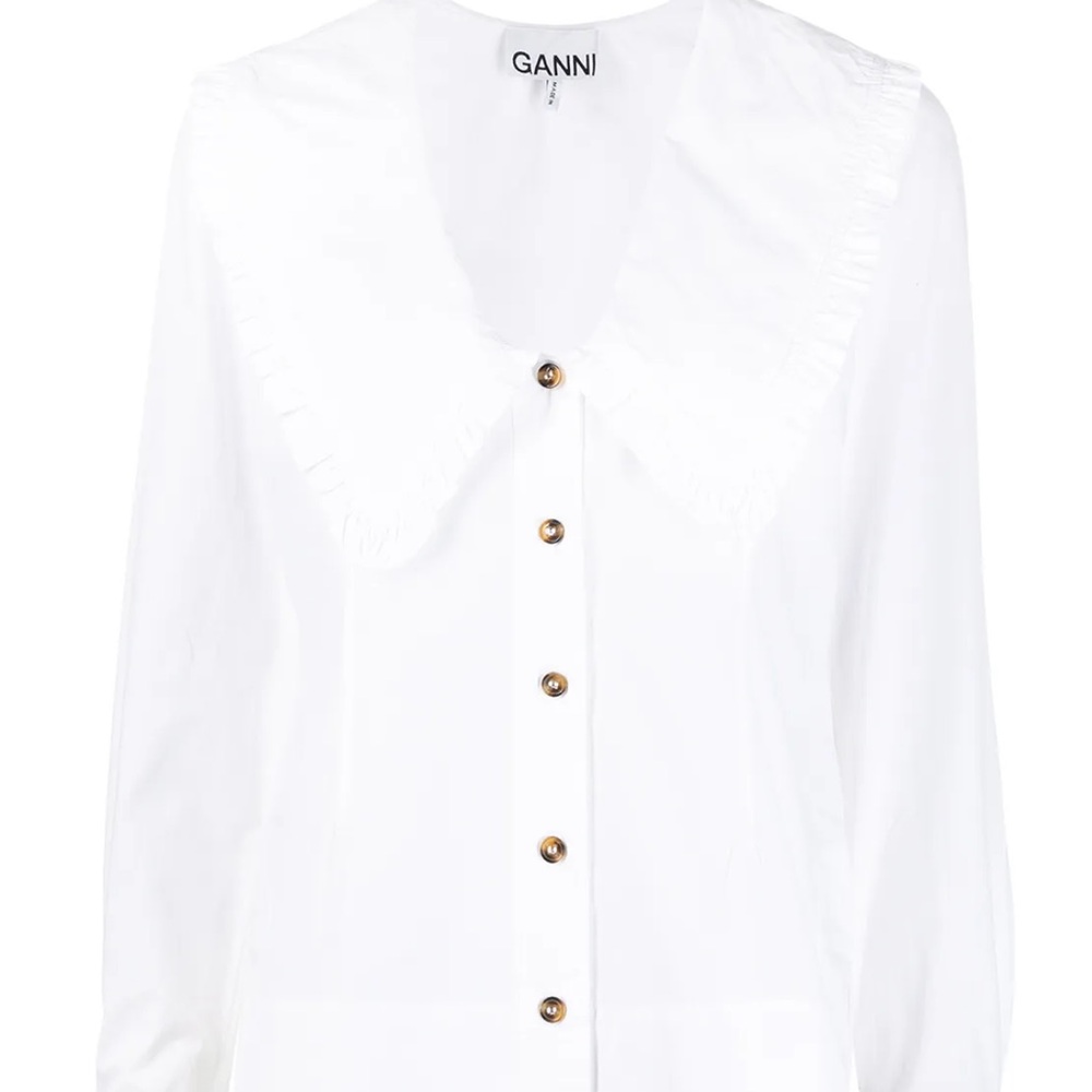 Ganni White Button-Down Shirt with Frilled Collar